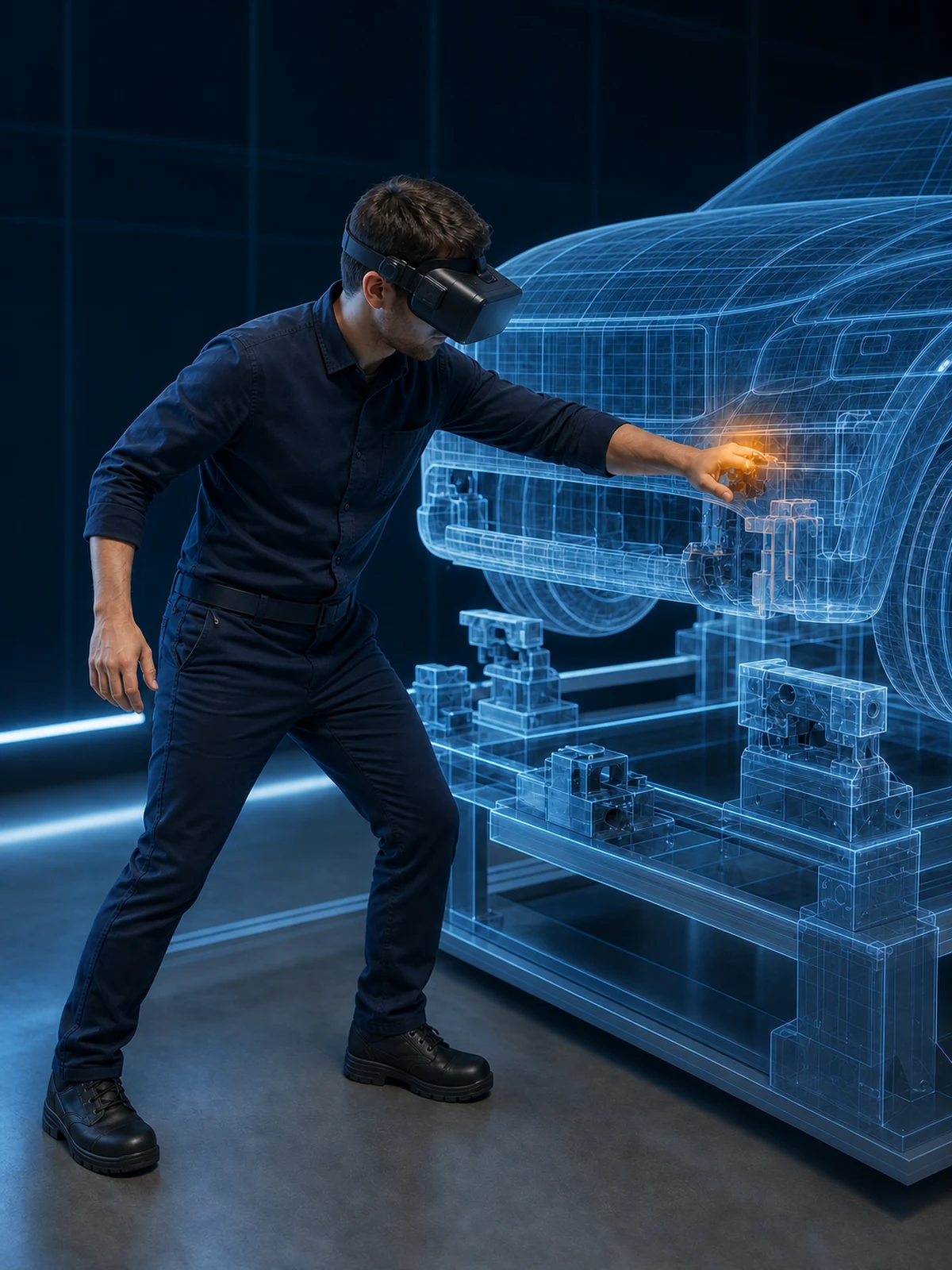 Entwicklungsingenieur bei einer VR-Validierung an einem digitalen Fahrzeugmodell