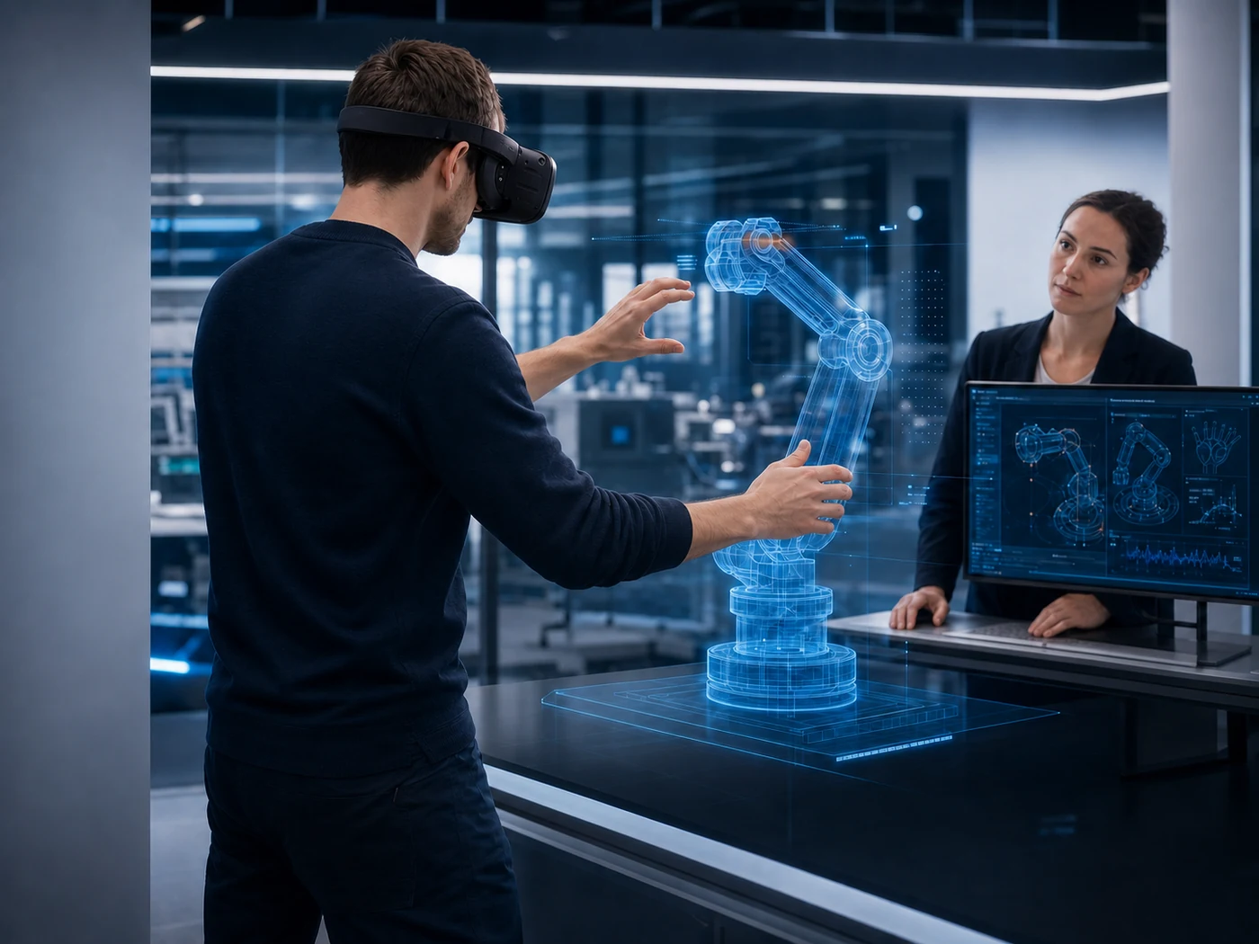Forschende bei der Interaktion mit einem virtuellen Robotermodell in einem VR-Labor